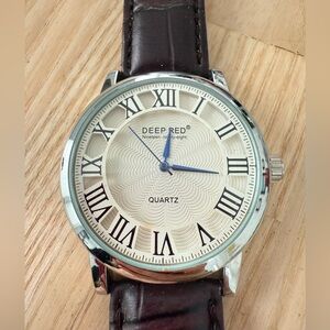 Deep red men’s silver tone classic watch NEW BATTERY